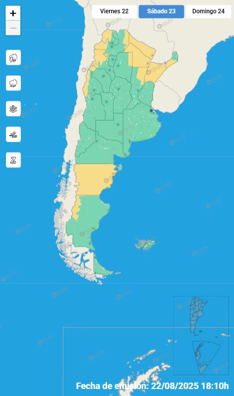 Mapa de alertas para este sábado 23 de agosto.