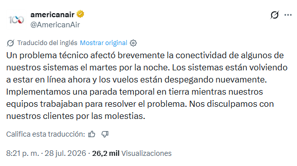 El posteo con el que la compañía anunció el desperfecto