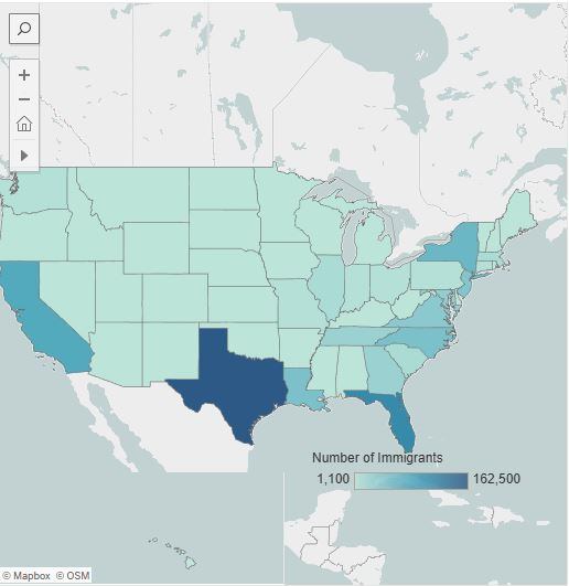 El mapa que muestra la distribución de los migrantes hondureños en Estados Unidos