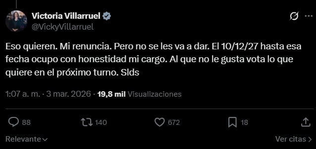 Villarruel asegura que la Casa Rosada quiere su renuncia