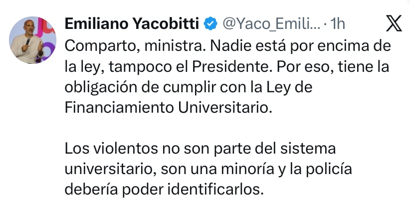 El posteo de Yacobitti en las redes sociales, en respuesta a Monteoliva