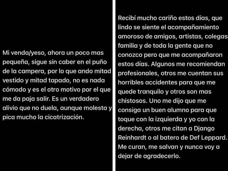 El bajista agradeció el apoyo de su gente durante su período recuperación