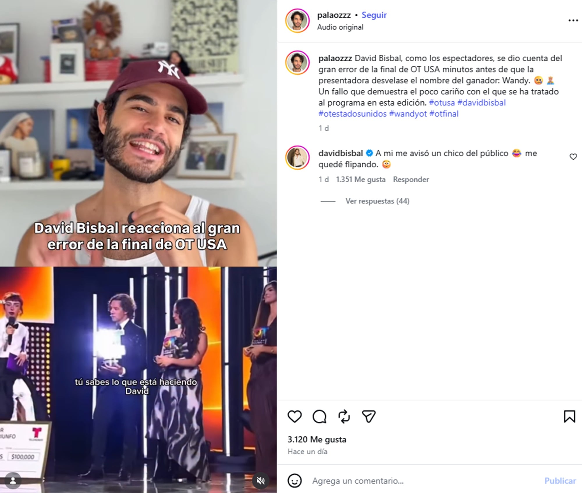 David Bisbal rompió el silencio en los comentarios de un influencer que habló al respecto de la final