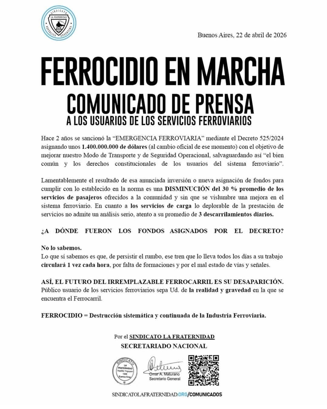 El comunicado de La Fraternidad