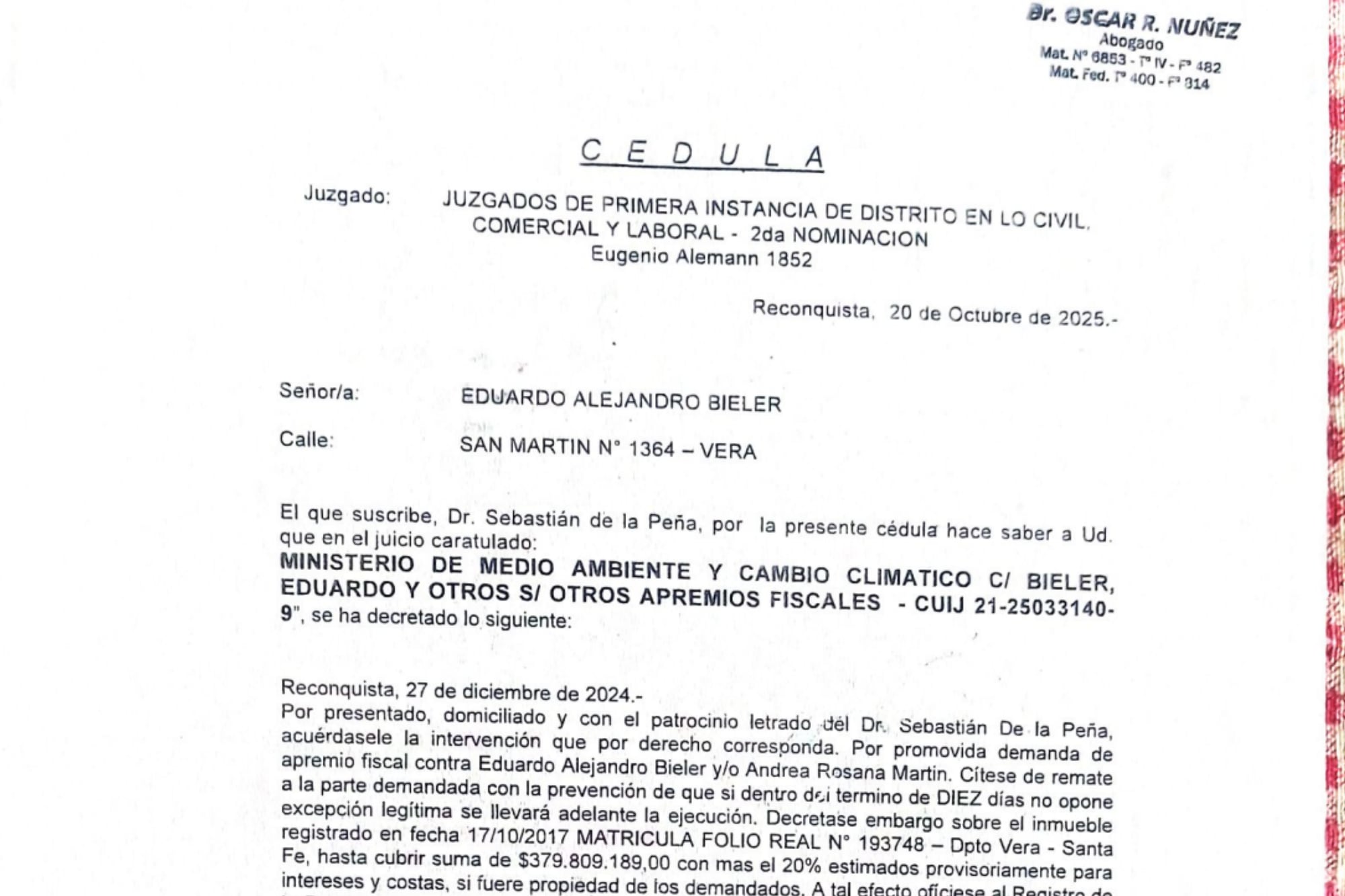 La cédula de notificación que recibió el productor