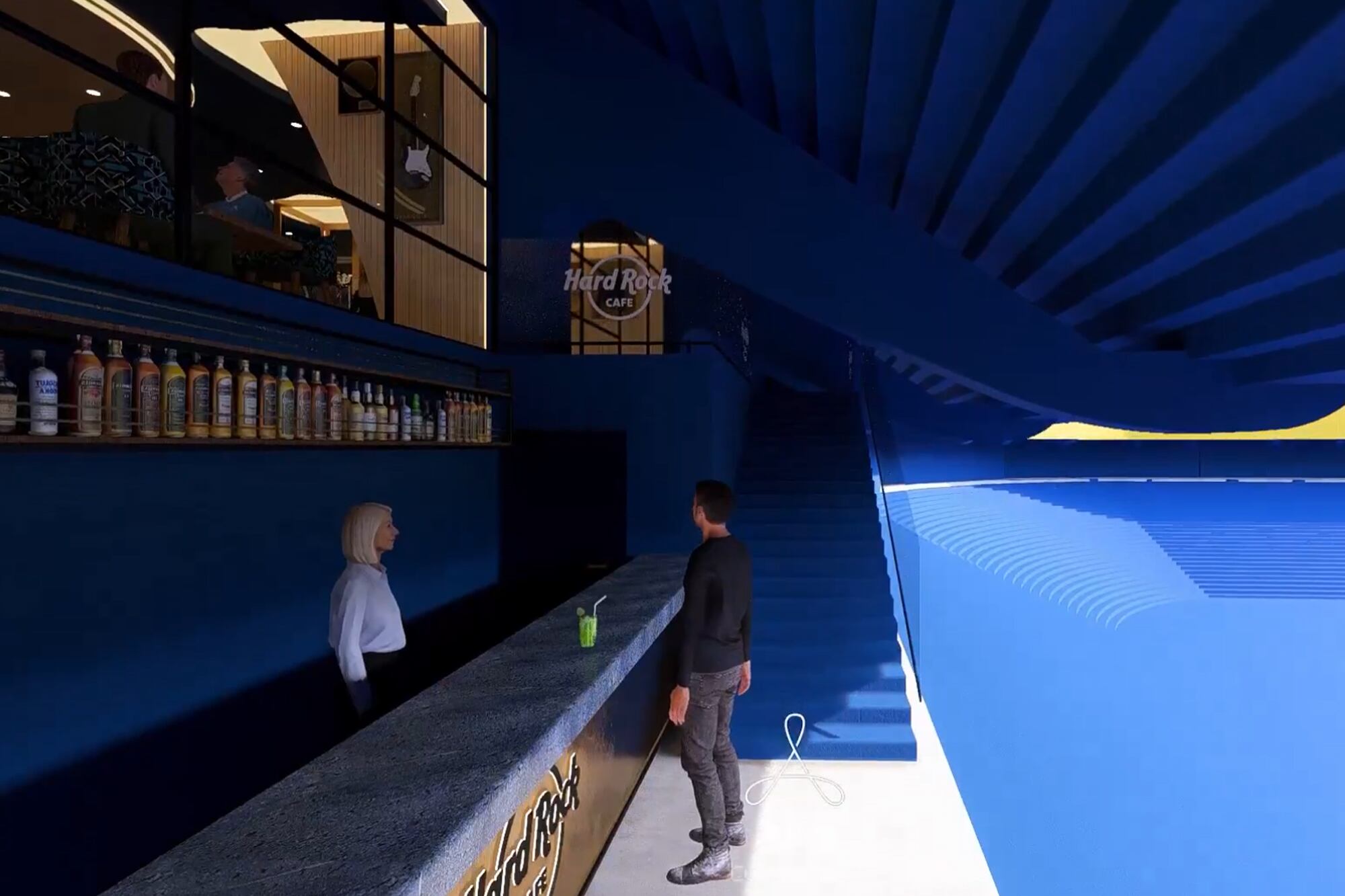 Así sería la barra exterior del Hard Rock Bombonera que se ubicaría sobre la tribuna de socios de la Bombonera que da al Riachuelo, según el render que compartió el club xeneize en sus redes sociales (x.com/BocaJrsOficial)