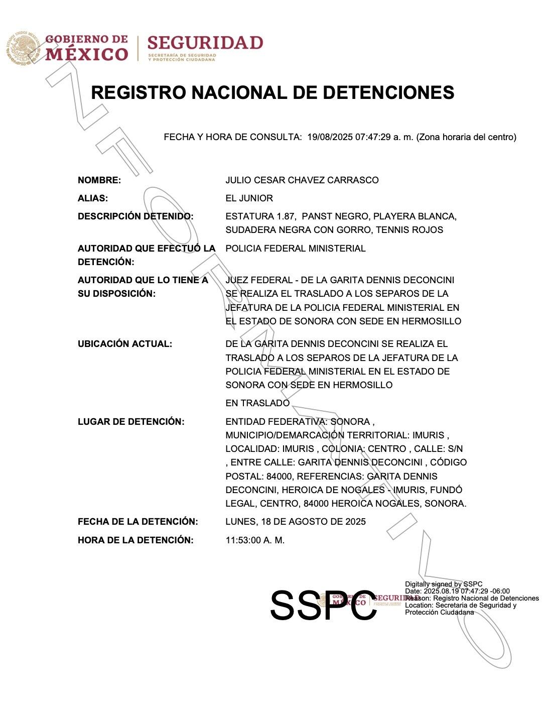 El Registro Nacional de Detenciones muestra la información de llegada a México de Chávez Jr.