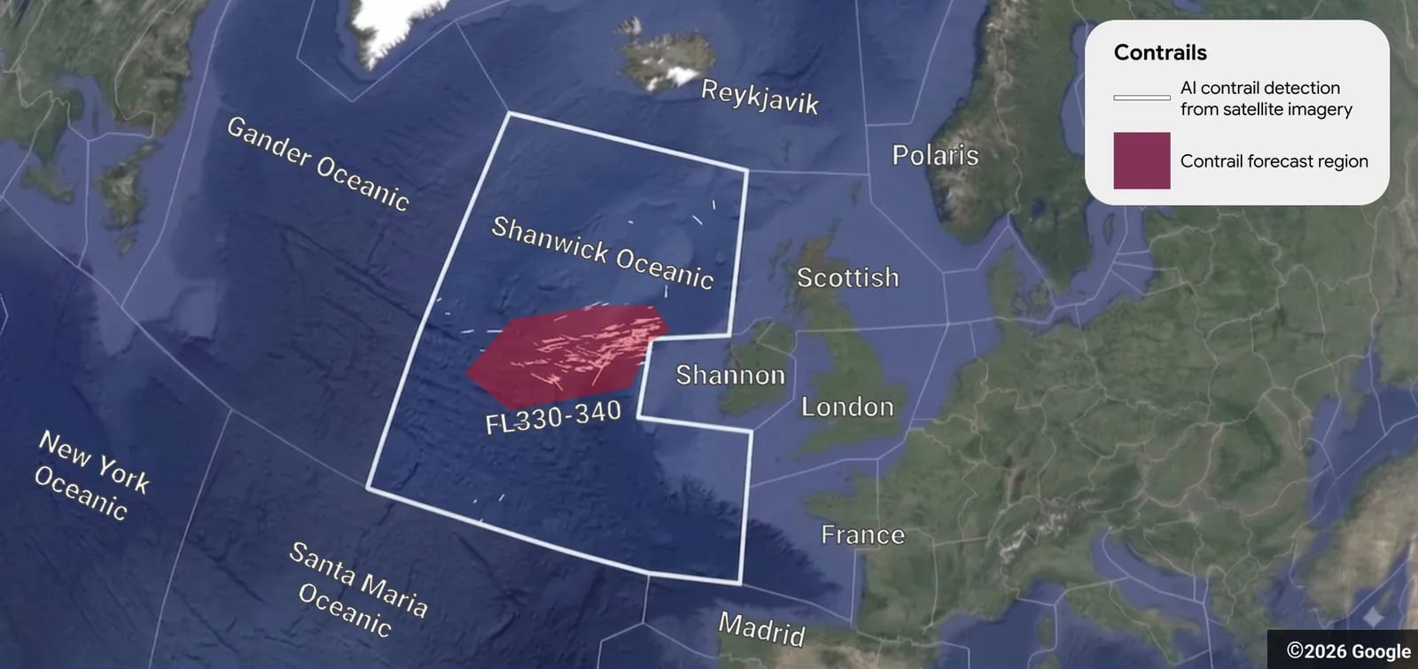 El corredor de Shanwick, donde Google usará la IA para corregir el plan de vuelo de los aviones comerciales con la intención de evitar la formación de estelas de condensación de vapor