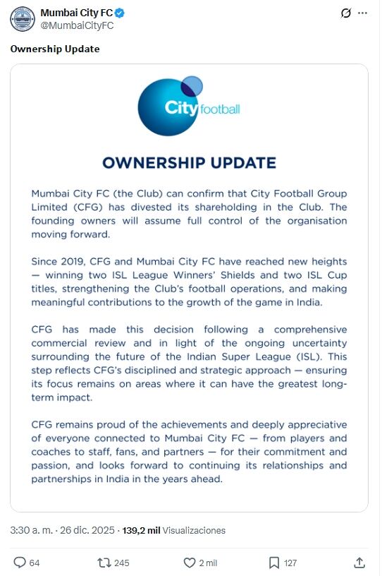 Comunicado de Mumbai City en el que anuncia que City Football Group deja de invertir en la institución india