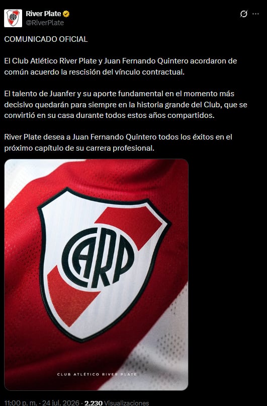 Juan Fernando Quintero rescindió su contrato con River: “Quedará para siempre en la historia grande del club” 6 El comunicado oficial compartido por River en el que confirma la salida de Juanfer Quintero del club