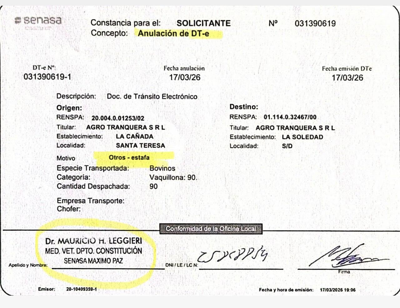 Documento de Senasa que deja constancia de la anulación de un DT-e por 90 vaquillonas, también con motivo “otros – estafa”, correspondiente al 17 de marzo de 2026.