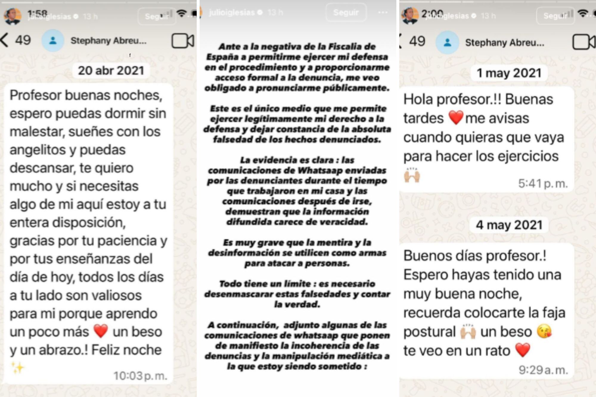 Julio Iglesias difundió chats en medio de la polémica (Capturas: Instagram @julioiglesias)