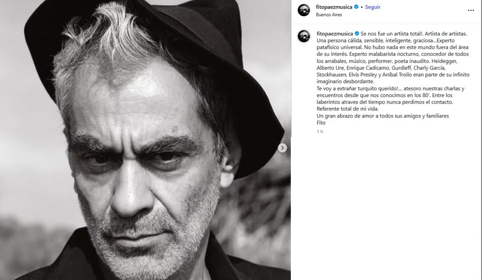 El mensaje de Fito Páez tras la muerte de Melingo (Foto: Captura Instagram/@fitopaezmusica)
