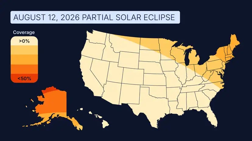 El mapa de EE.UU. donde se podrá observar el eclipse solar parcial del 12 de agosto de 2026