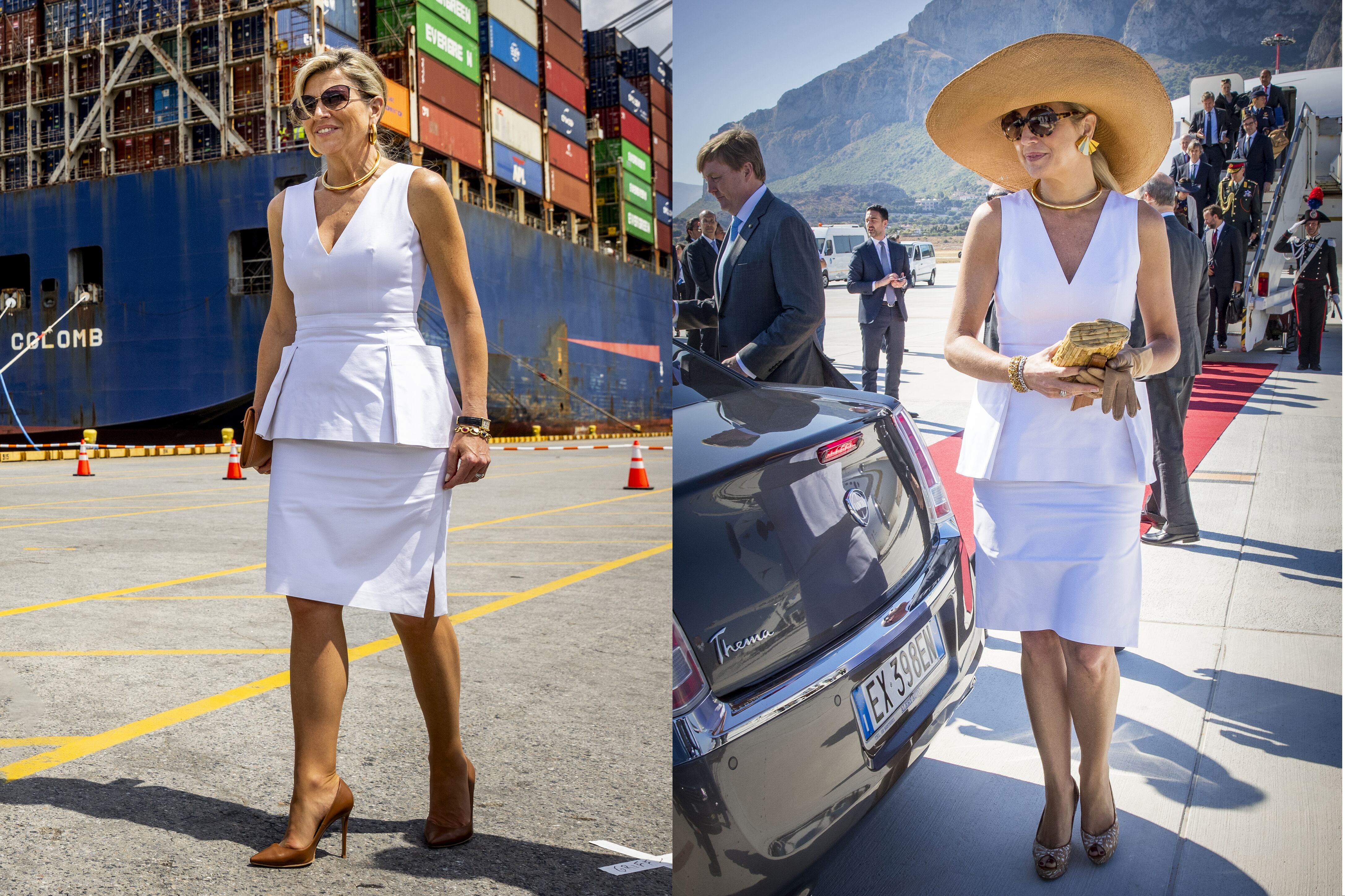 El 21 de junio de 2017, Máxima aterrizó en Palermo, en el marco de su visita de Estado a Italia. Lo hizo con un vestido blanco con largo midi y detalle péplum, de Dior, que volvió a llevar durante su visita a Savannah, Georgia (Estados
Unidos), el 11 de junio de 2024.