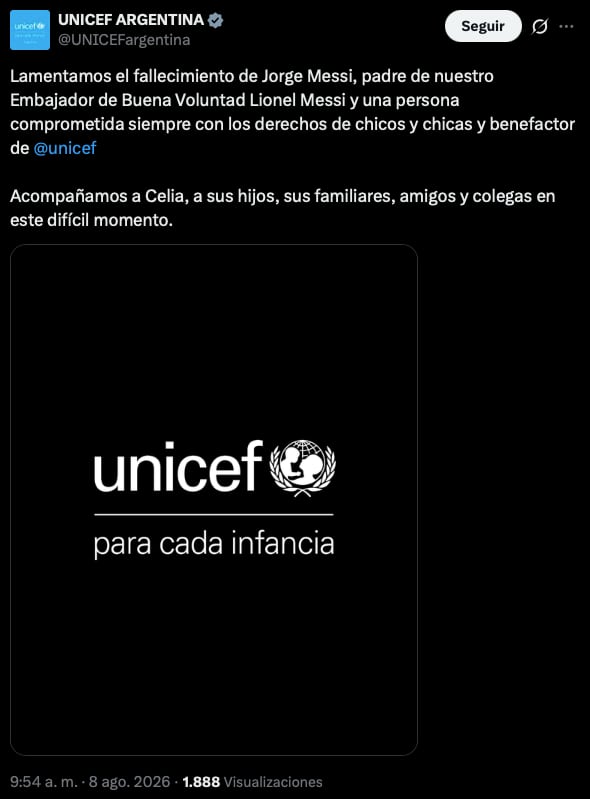El mensaje de UNICEF tras la muerte de Jorge Messi
