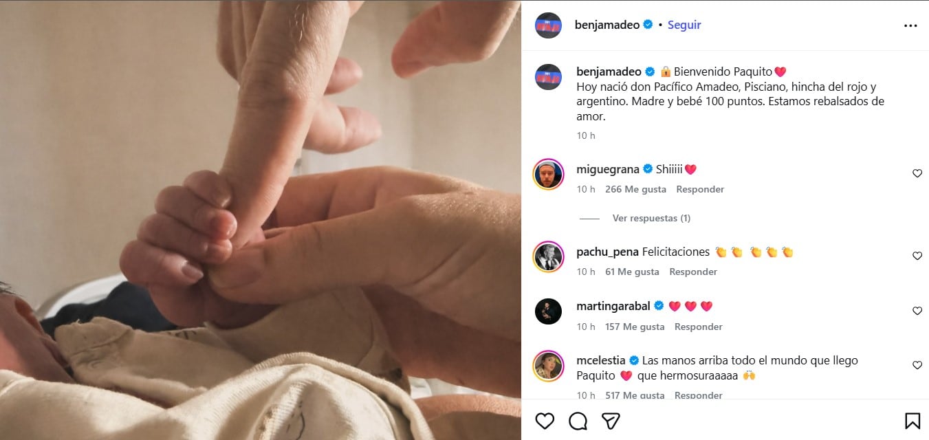 Benjamín Amadeo anunció la llegada de su segundo hijo