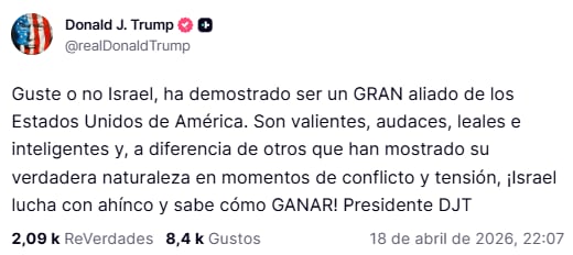 Trump publicó un mensaje asegurando que Israel es un