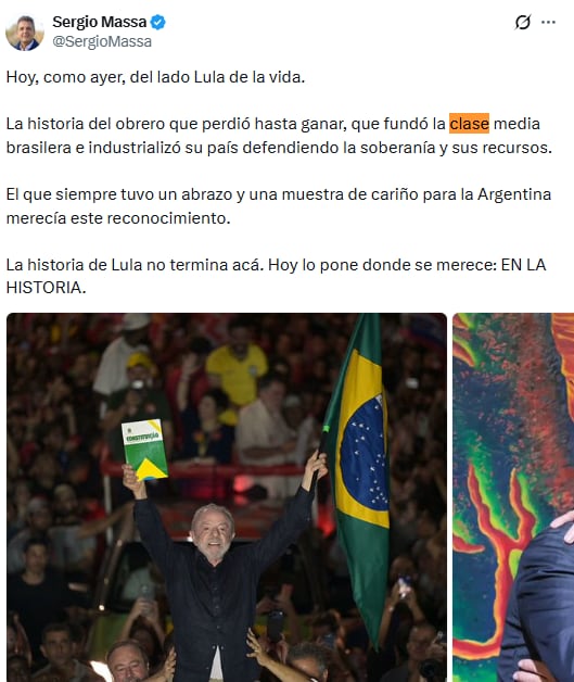 Sergio Massa celebró la victoria de Lula y reivindicó su trayectoria y su vínculo con la Argentina