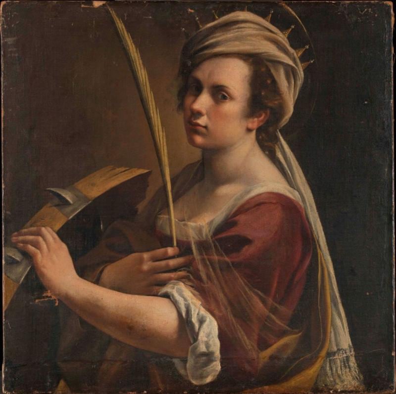 Artemisia Gentileschi, la artista femenina más célebre del siglo XVII, aparece representada como Santa Catalina de Alejandría, santa cristiana martirizada a principios del siglo IV.