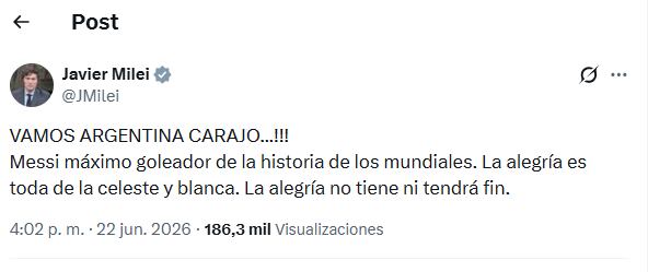 El posteo de Milei tras la victoria de la Selección