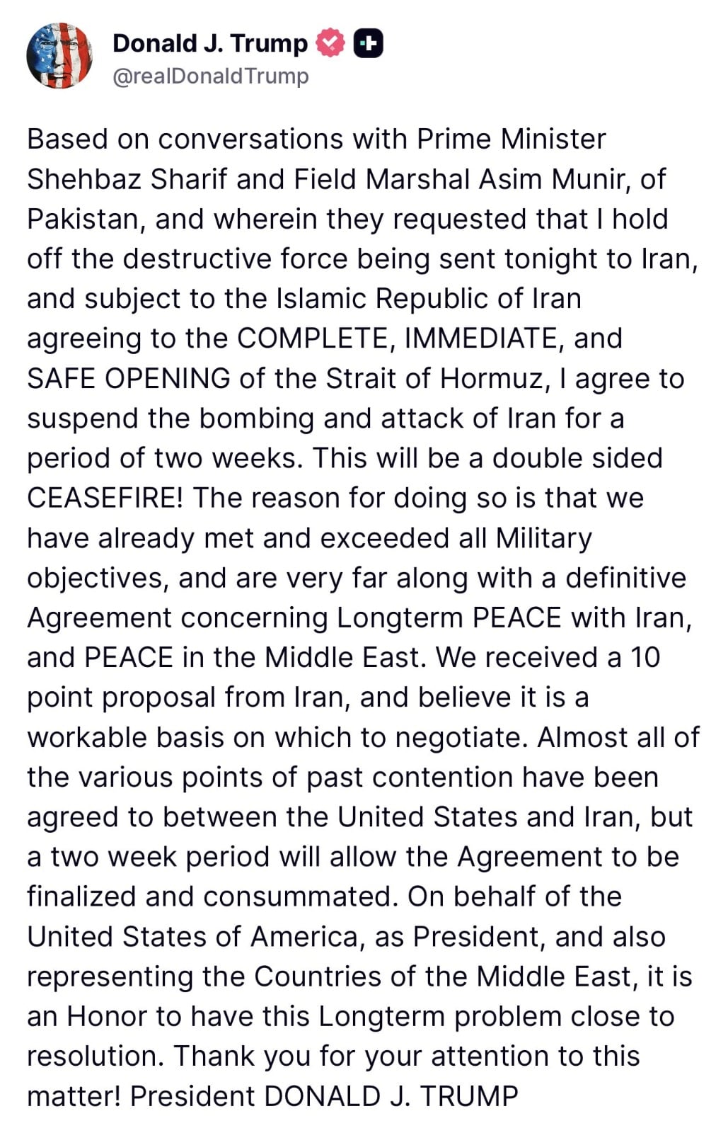 Qué dice el mensaje de Trump con el que confirmó un alto al fuego en la guerra en Medio Oriente 5 Donald Trump anunció que suspenderá por dos semanas un posible bombardeo en Irán