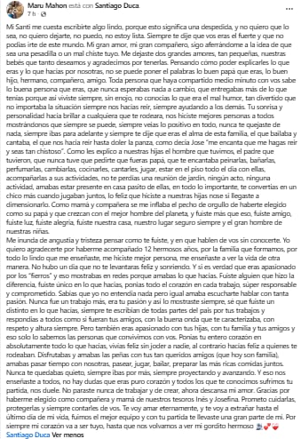 La publicación que la pareja de Santiago Duca publicó en su cuenta de Facebook