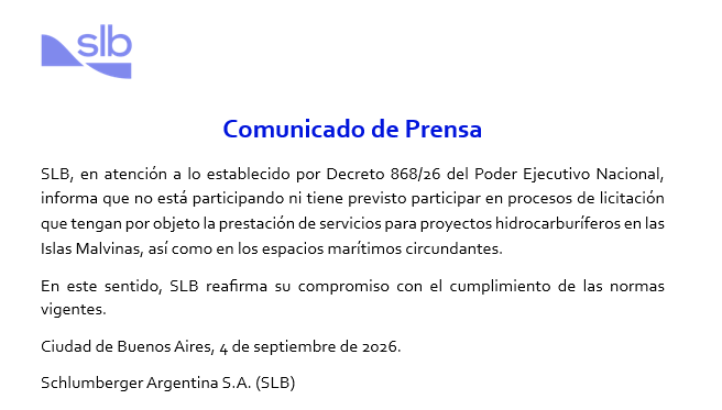 Comunicado de SBL donde confirma que no participará en actividades de hidrocarburos en las Islas Malvinas