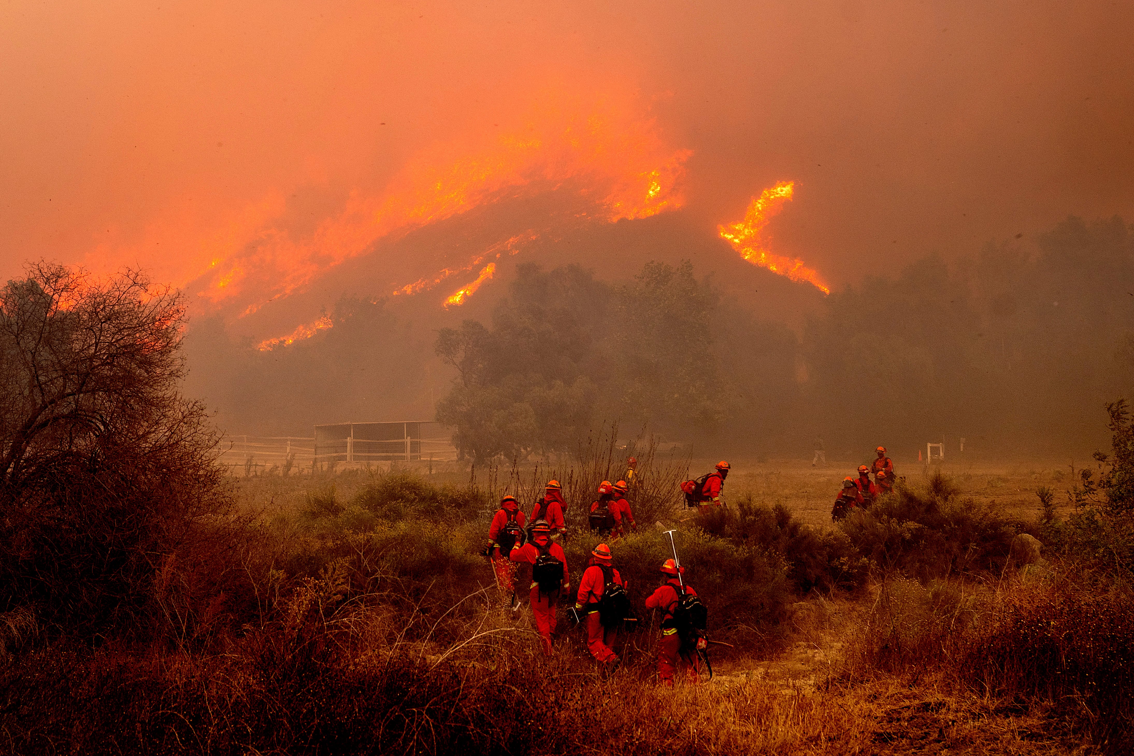 Un grupo de bomberos combate las llamas de un incendio forestal en Swanhill Farms, en Moorpark, California.