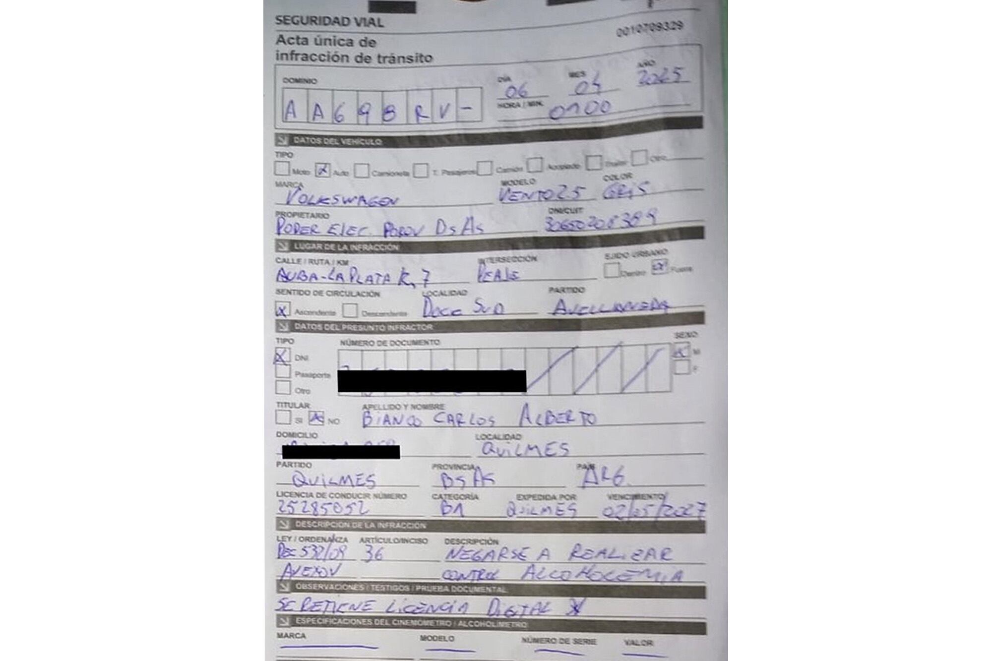 Acta de Infracción a Carlos Bianco