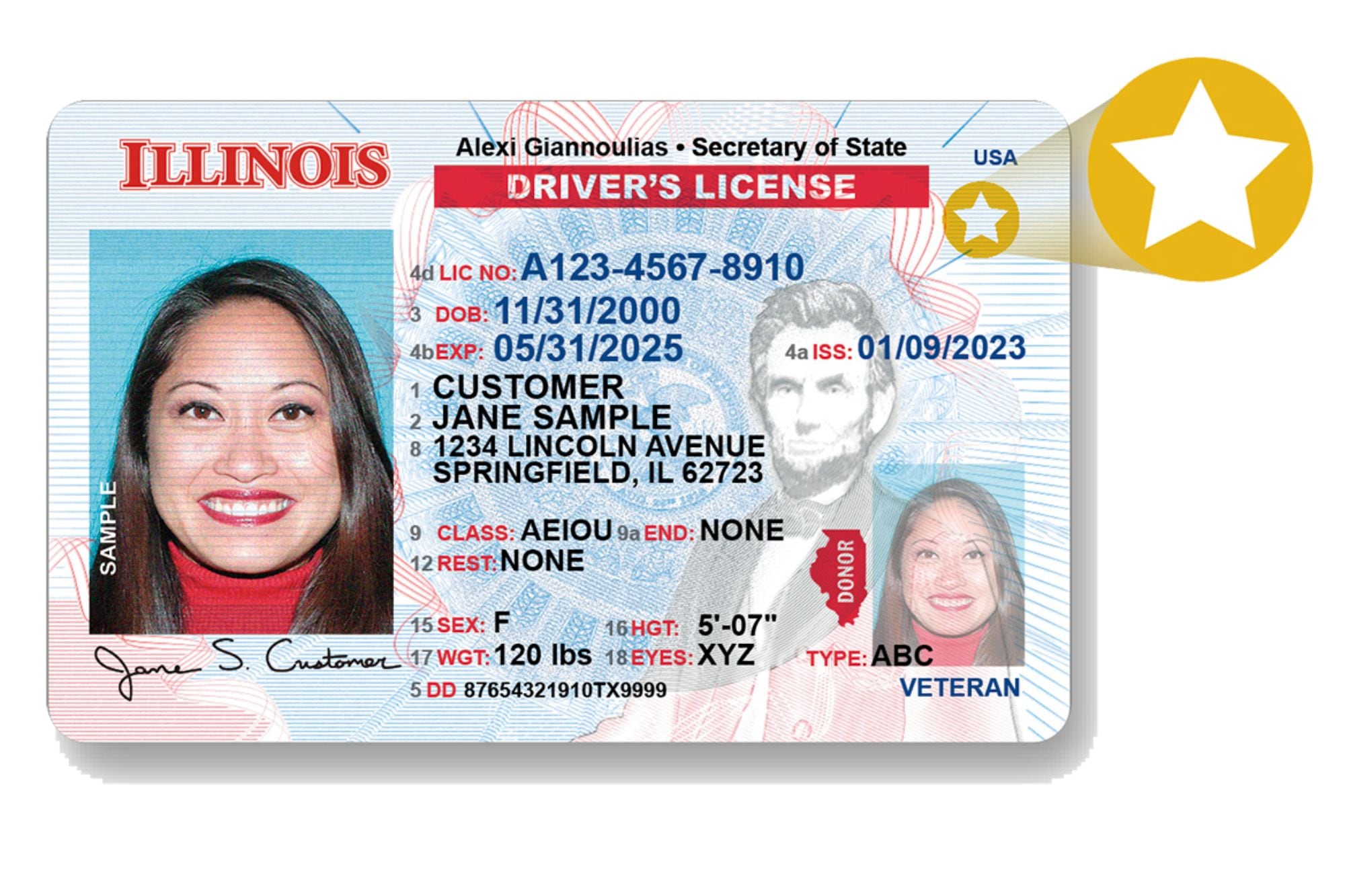 Las identificaciones Real ID en Illinois tienen una distintivo en la parte superior derecha