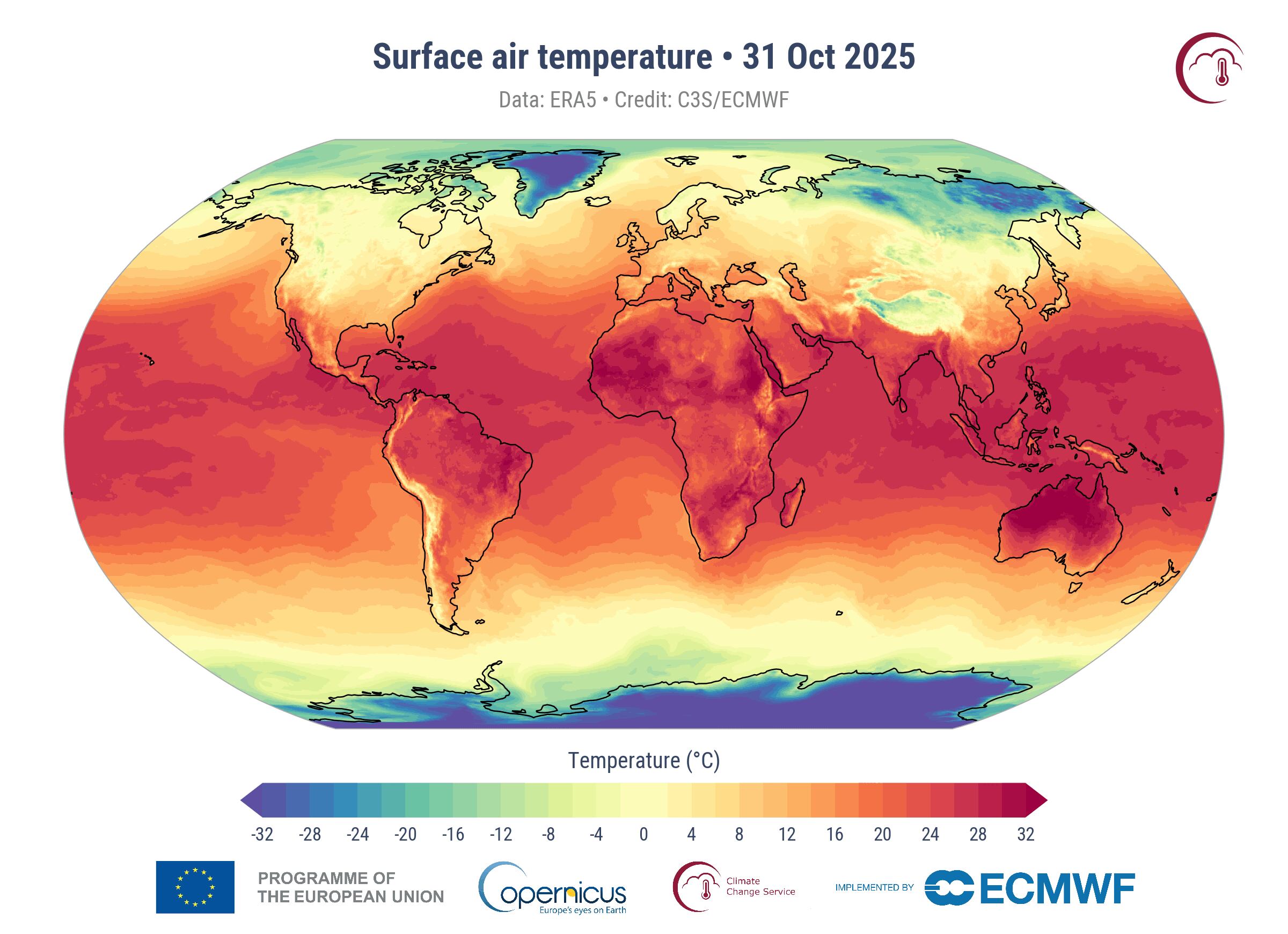 Mapa de la temperatura global del 31 de octubre de este año