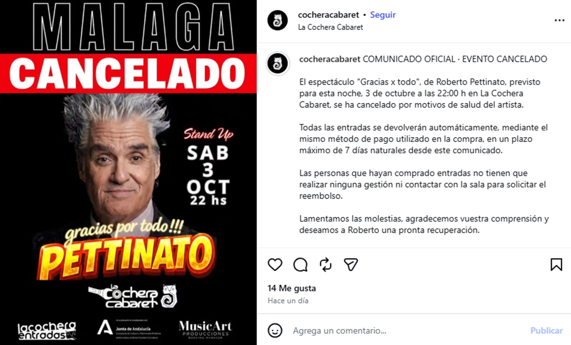 La Cochera Cabaret confirmó la cancelación del show antes que el propio Roberto Pettinato