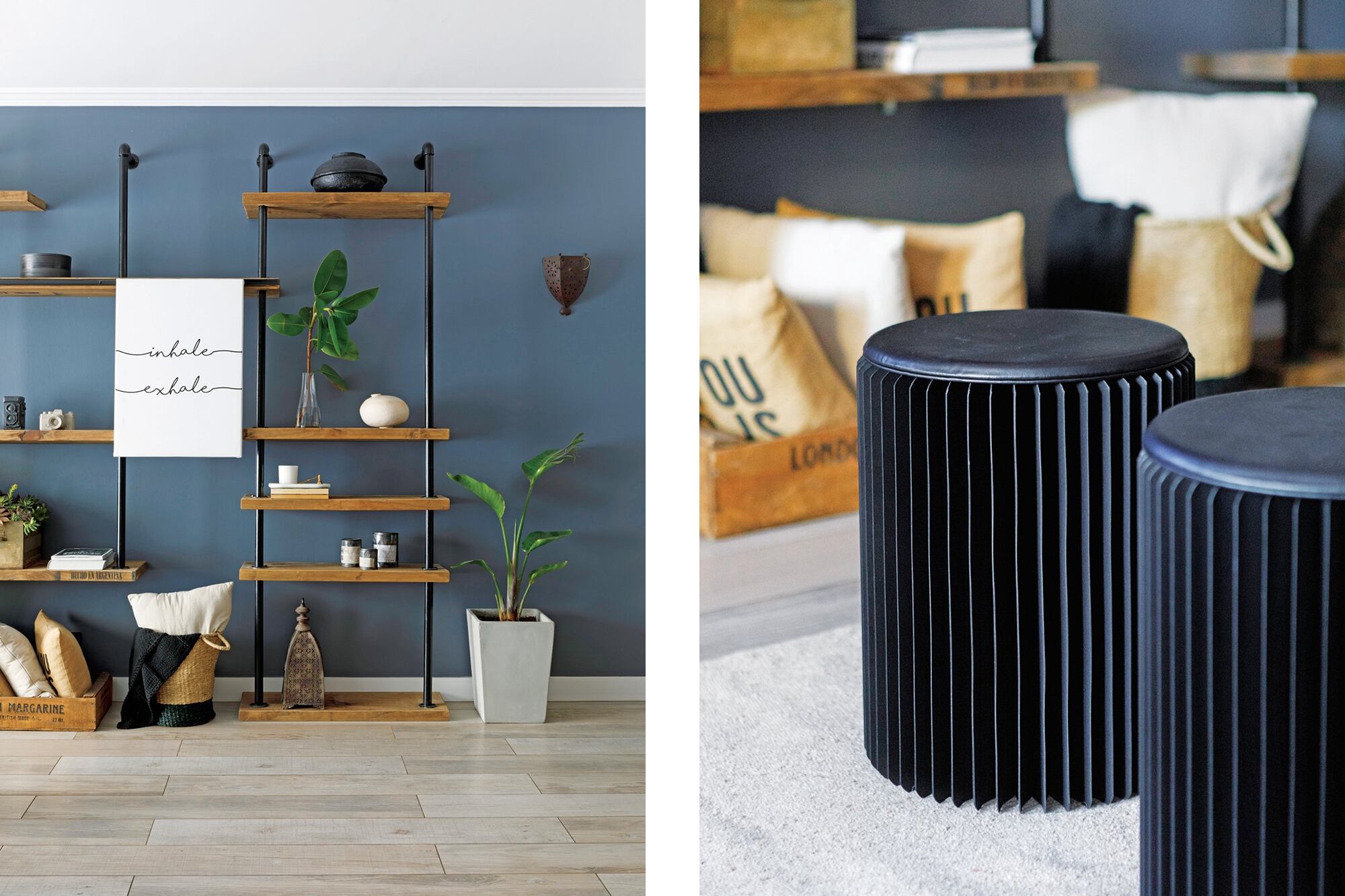 En el mueble, cuadro corredizo (Sur Arte Shop) sobre riel, vaso Botero (Estudio Mes), cuencos en papel y cerámica negros (Casa María Paula), velas en lata (HN Argentina), cámaras de fotos en cemento (Cofradía Concreto) y suculentas en fichero vintage (Jarclé Design).