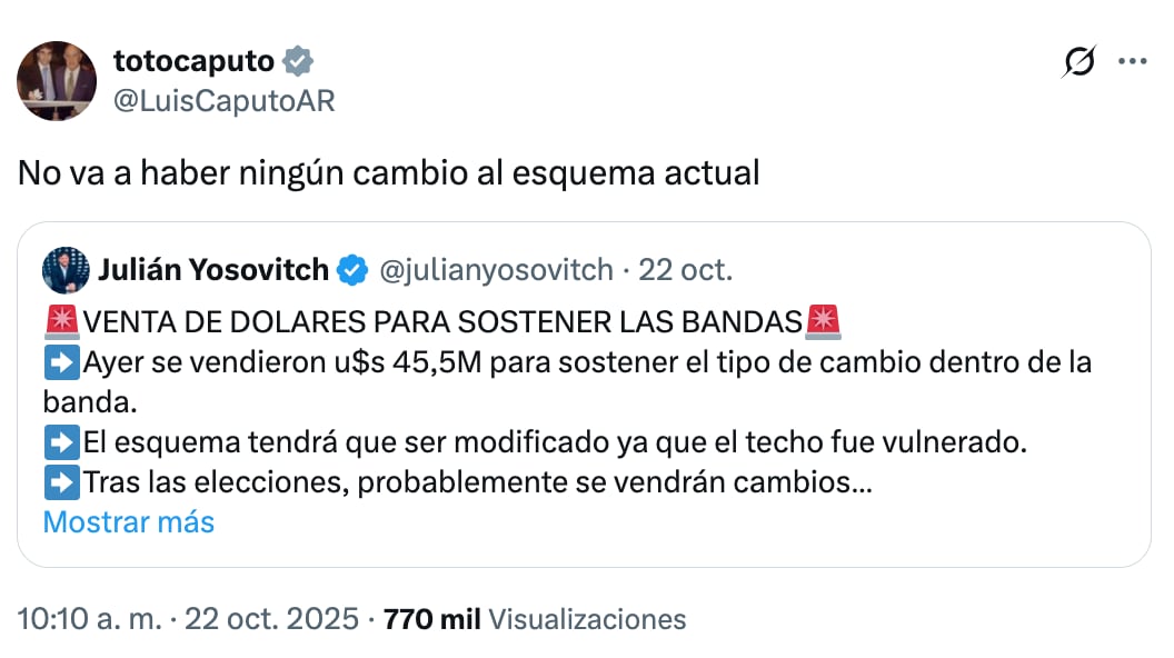 Dólar: qué dijo Caputo sobre el esquema de bandas cambiarias para después del domingo 6 Luis Caputo en su cuenta de X: