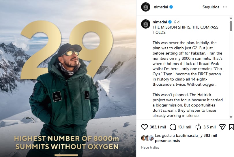 El estremecedor último mensaje de Nirmal Purja antes de su muerte: “No te pido más que permitirme ir y regresar con seguridad” 8 El estremecedor último posteo de Nirmal Purja, el aplinista muerto tras una avalancha en Pakistán