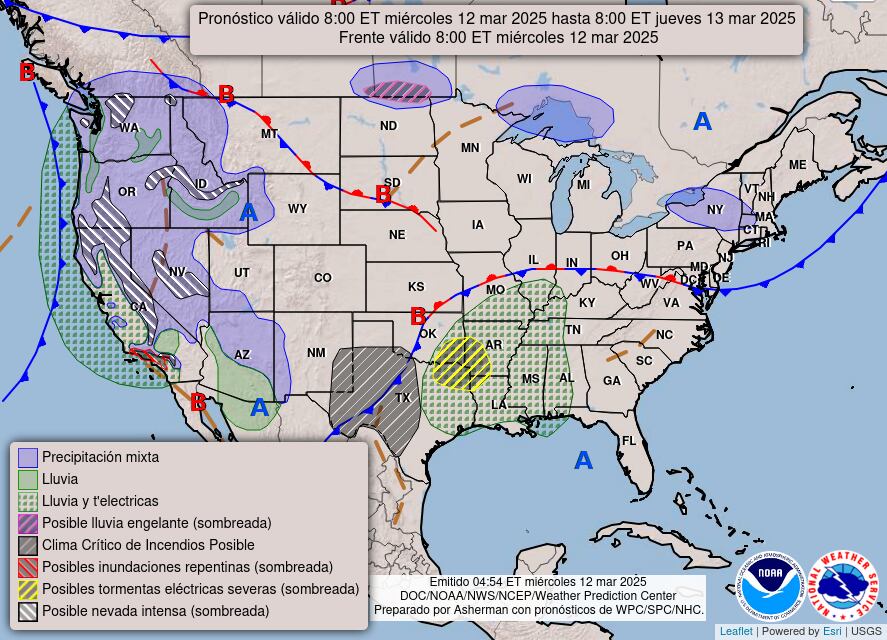 El Centro de Predicción de Tormentas emitió un aviso para el noreste de Texas, donde se esperan granizo de más de cinco centímetros y ráfagas de viento de hasta 90 km/h
