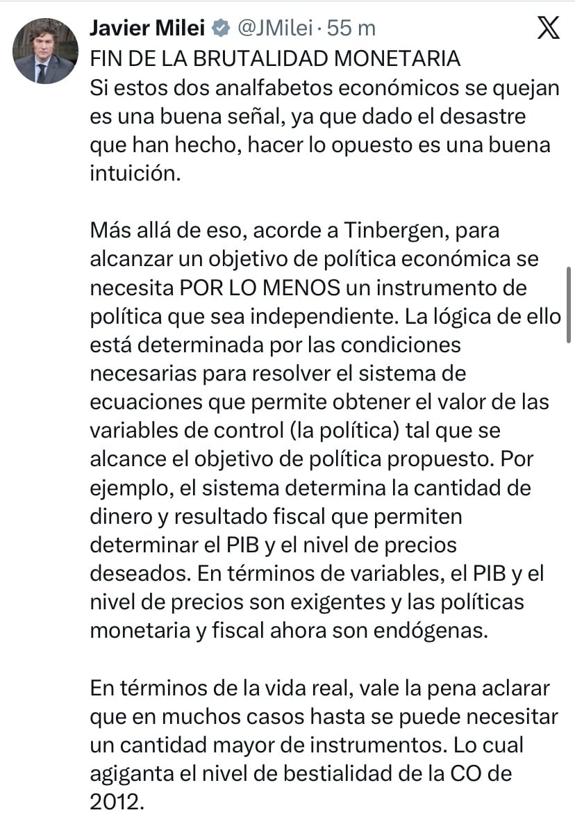 El posteo de Milei en X