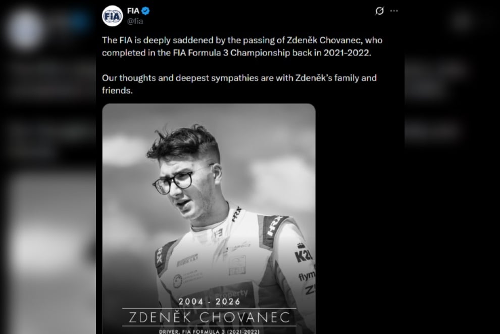 Murió Zdenek Chovanec, exrival de Franco Colapinto en la Fórmula 3, a los 21 años 5 El posteo de la cuenta oficial de la FIA para despedir al expiloto Zdeněk Chovanec