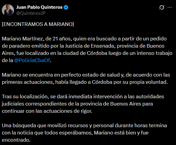 El posteo donde el ministro de Seguridad de Córdoba, Juan Pablo Quinteros, confirmó la noticia de la aparición de Mariano Martínez