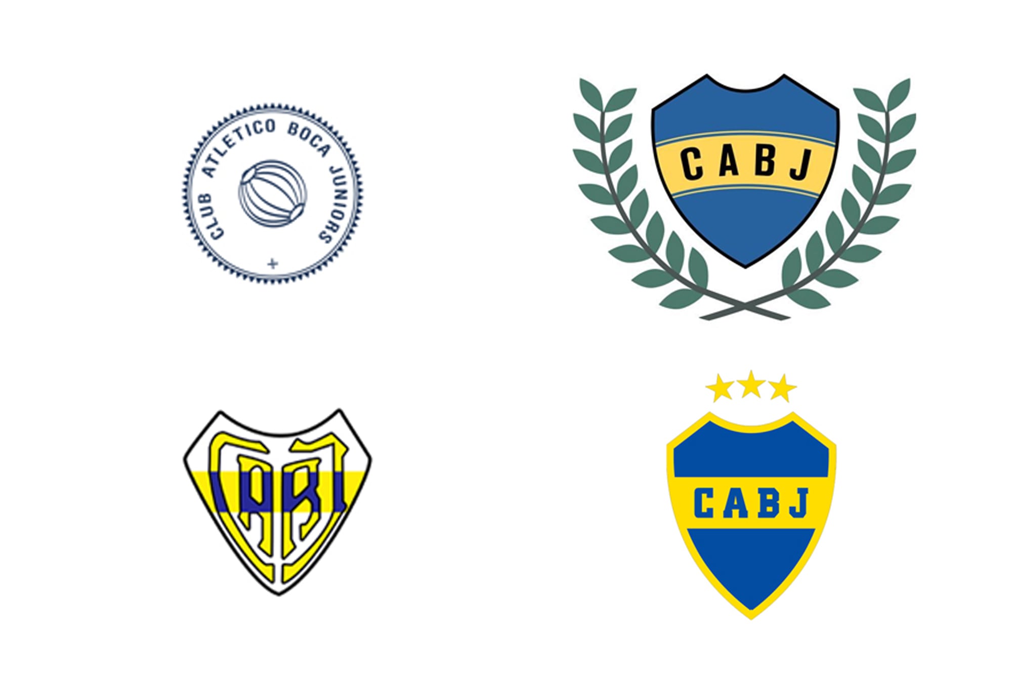 Cuatro versiones no oficiales: el primer sello institucional de Boca, utilizado para correspondencia (1905), uno con laureles creado por una revista partidaria para el cincuentenario (1955), un logo utilizado en los carnets y en las Memoria y Balance (1925) y el escudo no oficial utilizado en el segundo semestre de 2007, con las tres estrellas arriba, para destacar los títulos mundiales logrados (www.historiadeboca.com.ar)