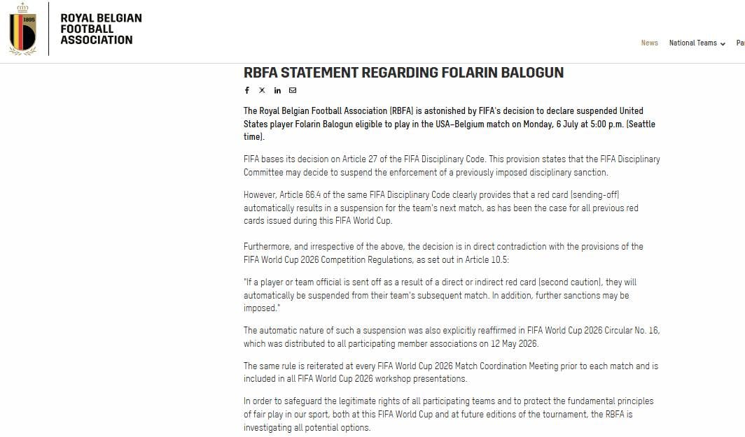 Tras la decisión de la FIFA, la fuerte crítica de la federación de fútbol belga.