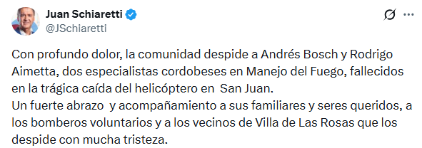 Schiaretti despidió a los dos tripulantes cordobeses que se encontraban en la aeronave que se accidentó en San Juan