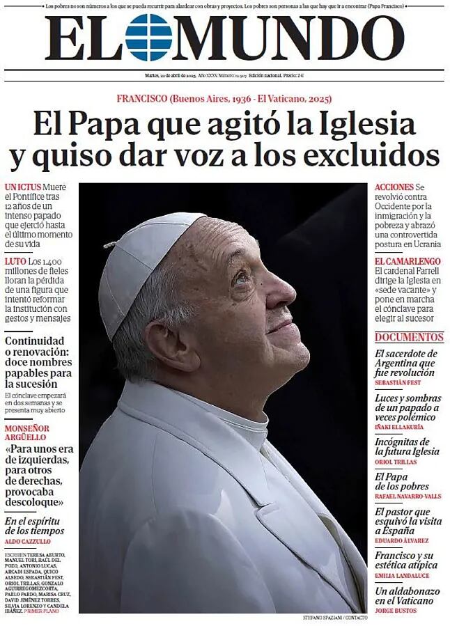 Portada de El Mundo sobre la muerte del papa Francisco