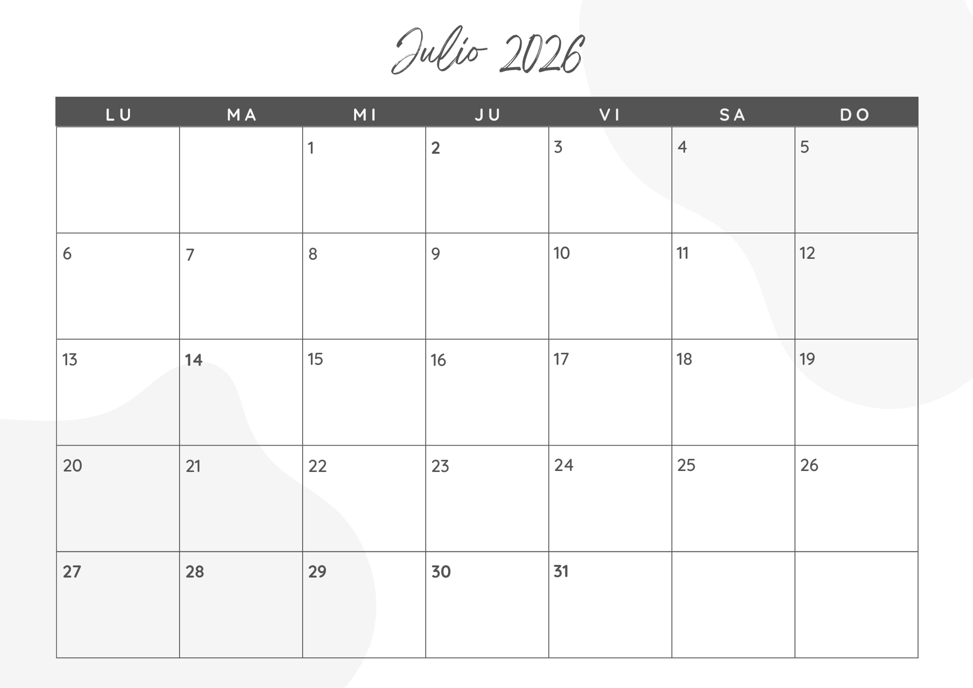 Calendario mensual 2026 para imprimir: julio