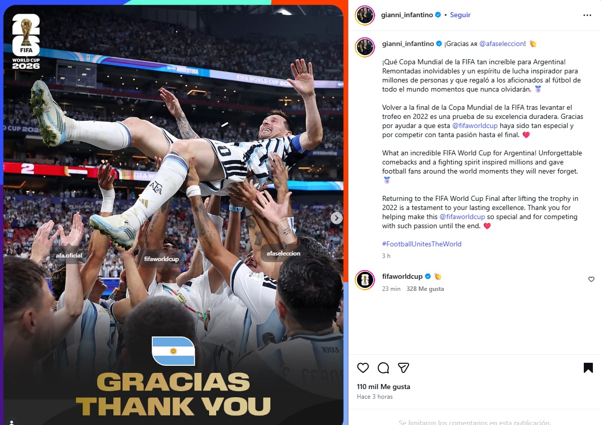 El posteo de Gianni Infantino en Instagram
