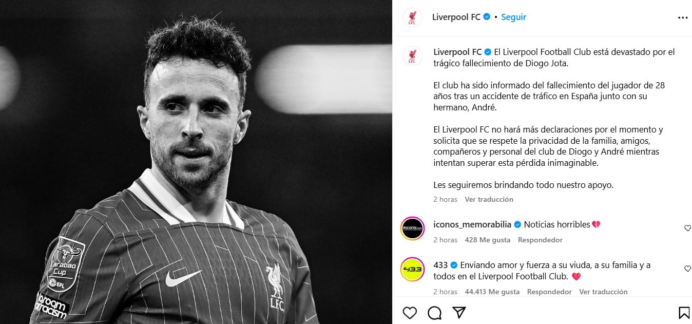 El comunicado oficial del Liverpool tras la muerte de Diogo Jota