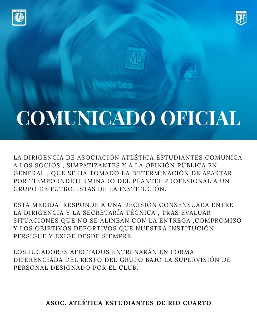 Estudiantes de Río Cuarto apartó a un grupo de profesionales del plantel profesional por falta de actitud.