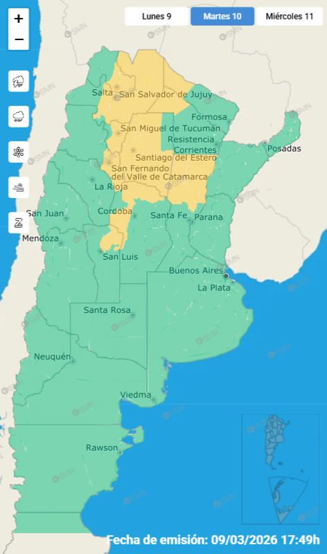Las alertas emitidas por el SMN para este martes 10 de marzo