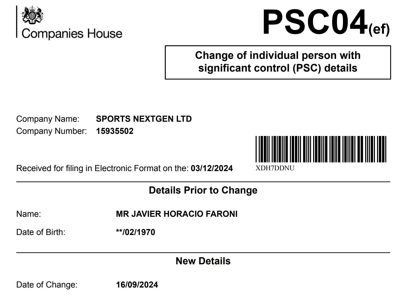 Javier Faroni aparece desde la creación de Sports Nextgen, con sede en Londres